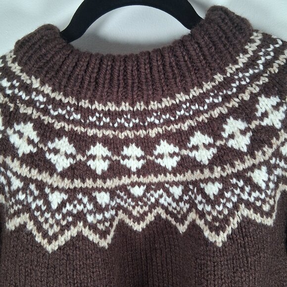 Wool Chunky Hand Knit Fair Isle Sweater Brown Tan Warm Cozy Cabincore Ski Chalet - Picture 6 of 11